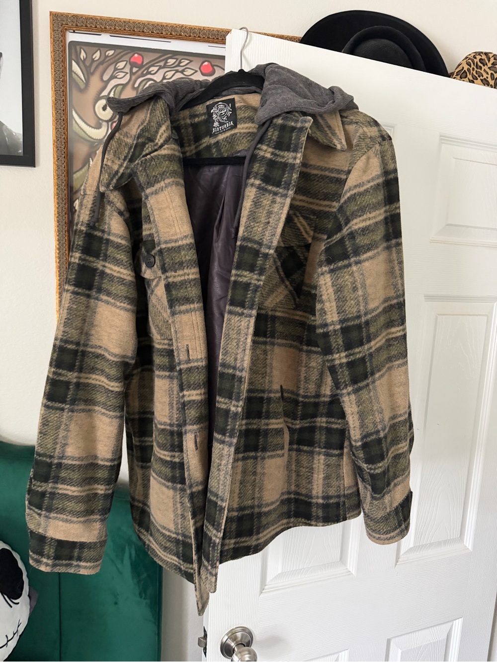 Disturbia Tan and Dark Green Plaid Pea Coat with Hood